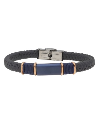 PULSERA DE HOMBRE CUERO TRENZADO GRIS DETALLES METAL AZUL