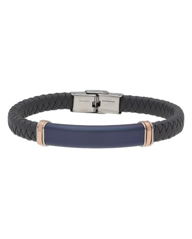 PULSERA DE HOMBRE CUERO GRIS OSCURO CON METAL AZUL Y ROSADO