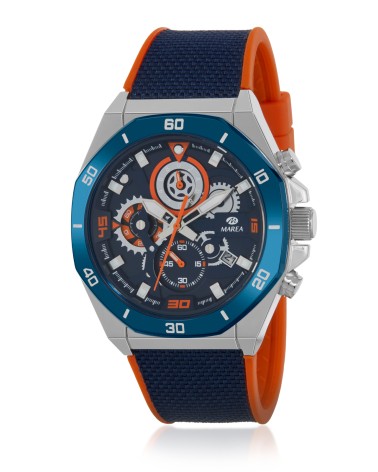 RELOJ DE HOMBRE CAJA ACERO CORREA CAUCHO AZUL Y NARANJA CRONÓGRAFO