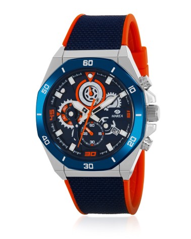 RELOJ DE HOMBRE CAJA ACERO CORREA CAUCHO AZUL Y NARANJA CRONÓGRAFO