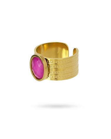 ANILLO ACERO ANTIALÉRGICO DORADO ABIERTO CON PIEDRA ROSA CENTRAL