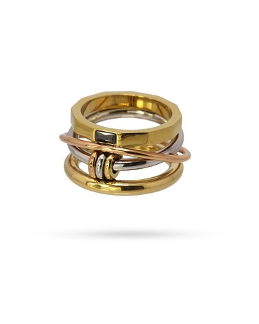 ANILLO ACERO ANTIALÉRGICO 4 AROS ENTRELAZADOS ROSA, PLATA Y DORADO