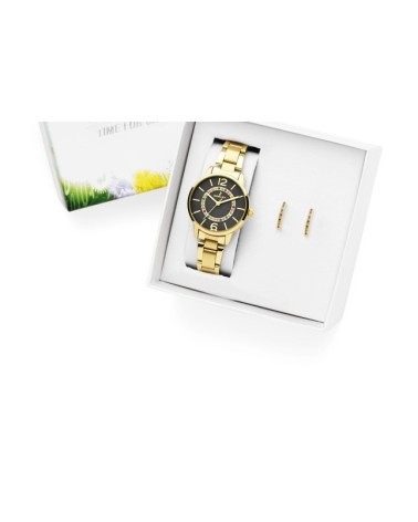 RELOJ DE MUJER DORADO ESFERA NEGRA SET CON PENDIENTE DE PLATA BAÑO DE ORO