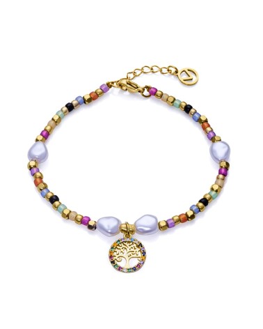 PULSERA ACERO DORADO CON PERLA BLANCA PIEDRAS MULTICOLOR Y COLGANTE ÁRBOL DE LA VIDA