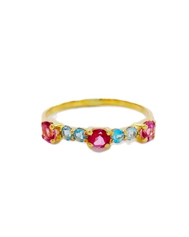 ANILLO ORO AMARILLO 18 KLTS TOPACIOS COLOR AZUL Y ROSA