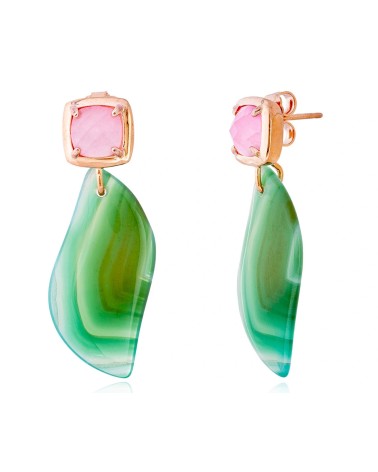 PENDIENTE PLATA 1ª LEY BAÑO ROSA ÁGATA VERDE Y  CUARZOROSA