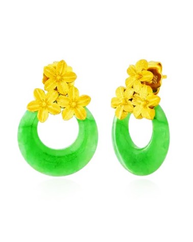 PENDIENTE FLORES EN PLATA 1ª LEY CHAPADO EN ORO CON PIEDRA JADE VERDE