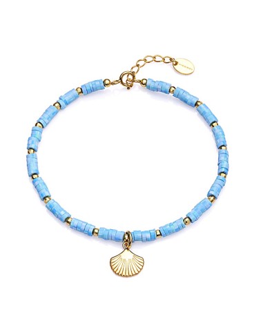 PULSERA PLATA 1ª LEY CHAPADO EN ORO CON TERMINACIÓN DE CAUCHO COLOR TURQUESA Y CONCHA COLGANDO