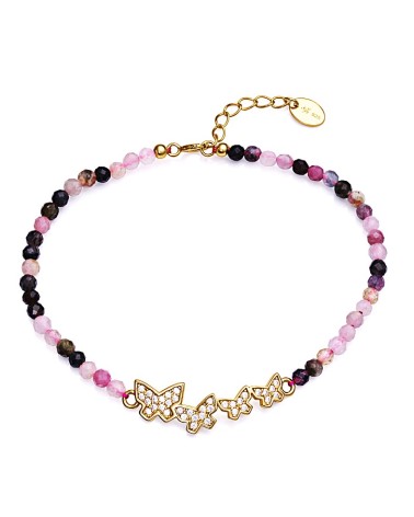 PULSERA PLATA 1ª LEY CON MARIPOSAS DORADAS CIRCONITAS Y PIEDRA NATURAL