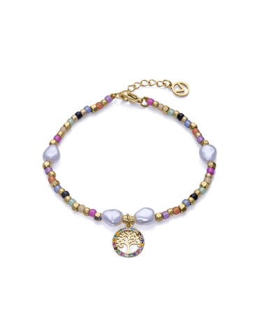 PULSERA ACERO DORADO CON PERLA BLANCA PIEDRAS MULTICOLOR Y COLGANTE ÁRBOL DE LA VIDA
