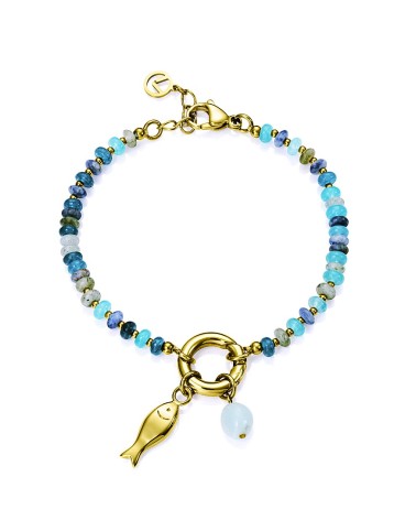 PULSERA ACERO DORADO CON PIEDRAS NATURALES ABALORIO PEZ