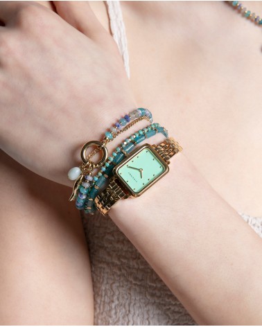 PULSERA ACERO DORADO CON PIEDRAS NATURALES ABALORIO PEZ