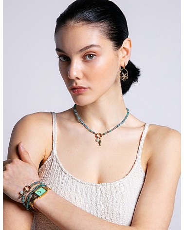 PULSERA ACERO DORADO CON PIEDRAS NATURALES ABALORIO PEZ