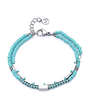 PULSERA DOBLE ACERO PLATEADO CON PIEDRAS COLOR TURQUESA