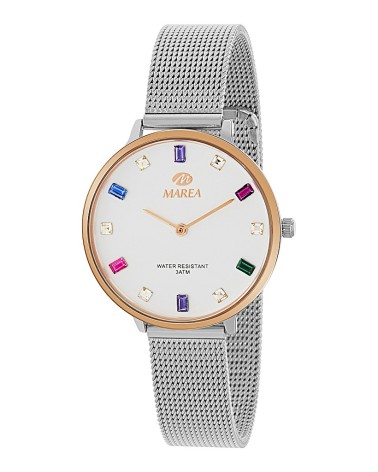 RELOJ DE MUJER ACERO MALLA MILANESA ESFERA BLANCA CON PIEDRAS COLOR