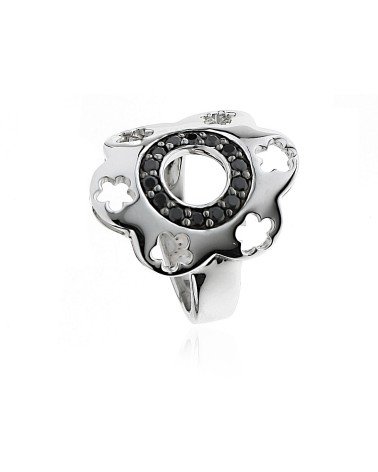 ANILLO DISEÑO PLATA 1ª LEY MODELO FLOR CALADO CON PIEDRAS NEGRAS AZABACHE