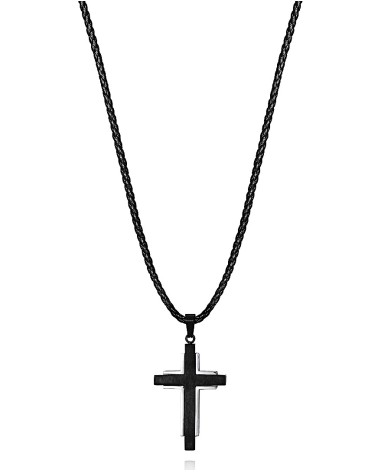 COLLAR CUERO TRENZADO NEGRO CON COLGANTE DE CRUZ EN ACERO