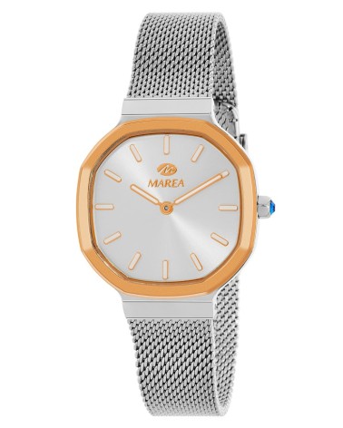 RELOJ ACERO BICOLOR PLATEADO CAJA CUADRADA BISEL ROSÉ