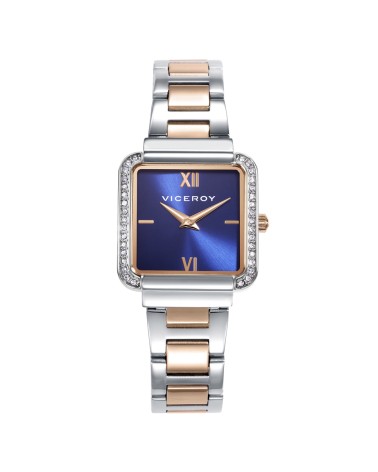 RELOJ DE MUJER ACERO BICOLOR CAJA CUADRADA CON CIRCONTAS FONDO AZUL