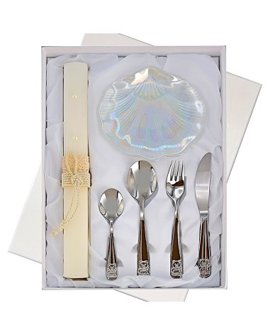 ESTUCHE BAUTIZO CUBIERTO CONCHA EN NACAR DE BAUTISMO Y VELA