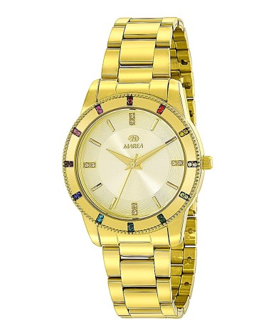 RELOJ DE MUJER ACERO DORADO PIEDRAS COLOR EN BISEL FONDO ESFERA BLANCO