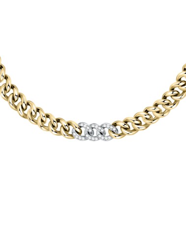 GARGANTILLA DORADA ESLABONES ANCHOS Y CENTRO ACERO PLATEADO CON CIRCONITAS