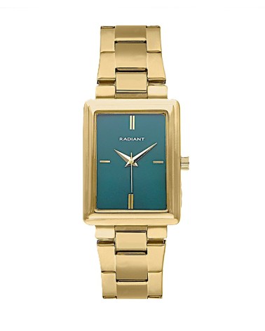 RELOJ DE MUJER ACERO DORADO CAJA RECTANGULAR FONDO COLOR ESMERALDA