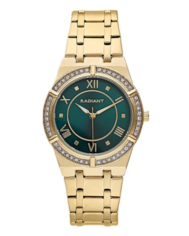 RELOJ DE MUJER ACERO DORADO ESFERA CON CIRCONITAS FONDO VERDE ESMERALDA