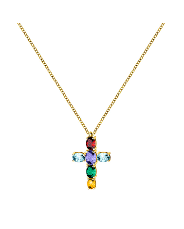 CADENA DORADA EN ACERO CON COLGANTE DE CRUZ PIEDRAS EN COLOR