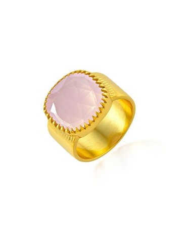 ANILLO ACERO DORADO ANCHO CON PIEDRA CENTRAL CALCEDONIA ROSA