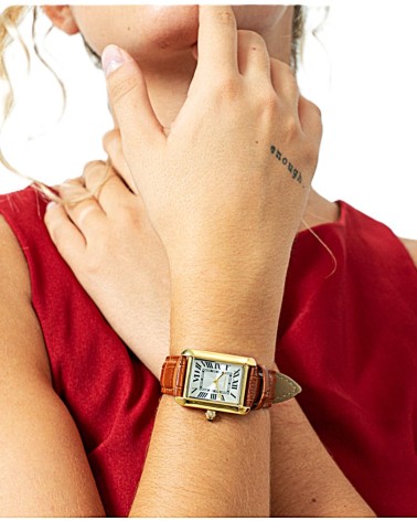 RELOJ DE MUJER CAJA ACERO DORADO RECTANGULAR CORREA PIEL MARRÓN