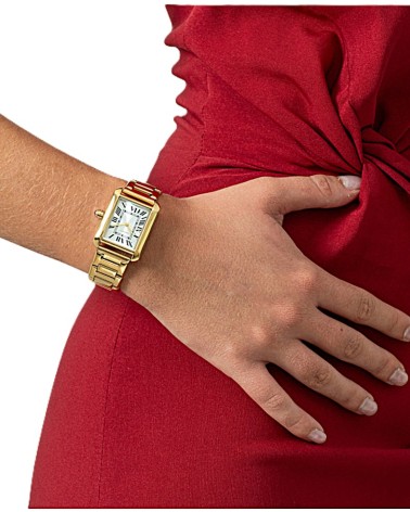 RELOJ DE MUJER ACERO DORADO CAJA RECTANGULAR FONDO BLANCO