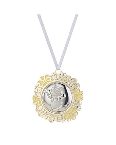 MEDALLA DE CUNA METAL PLATEADO ORLA CALADA ESMALTE CON FIGURA ANGELITO