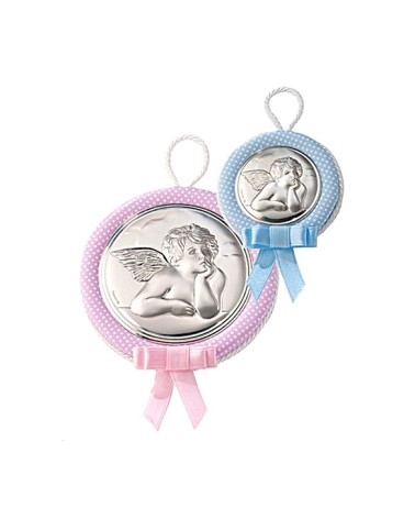 MEDALLA DE CUNA FORRADA ÁNGEL CON ALAS LAZO ROSA O AZUL