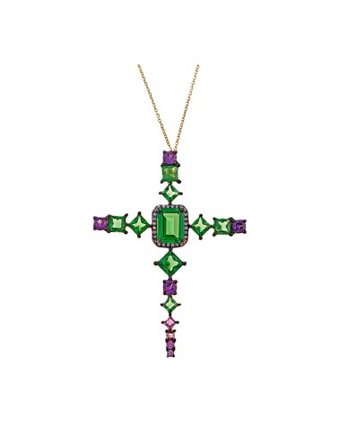 CADENA Y CRUZ DE PLATA 1ª LEY CON PIEDRAS COLOR VERDE Y MORADO