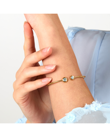 PULSERA PLATA 1ª LEY CHAPADO EN ORO ARO TUBO RÍGIDO CON DOS PIEDRAS TOPACIO AZUL
