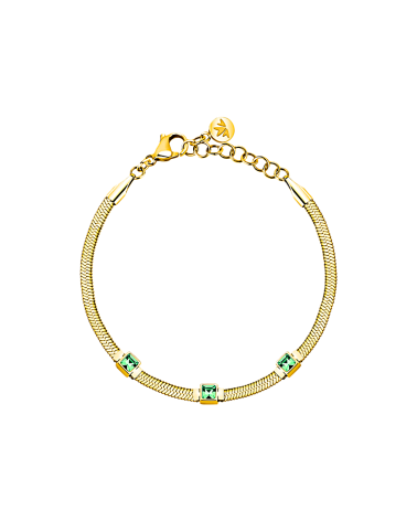 PULSERA ACERO DORADO PLANA CON TRES PIEDRAS COLOR VERDE