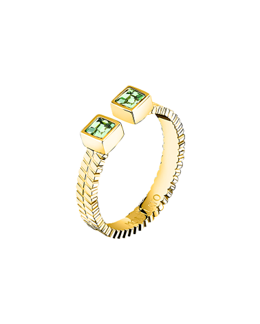 ANILLO ACERO DORADO TALLADO CON DOS PIEDRAS COLOR VERDE