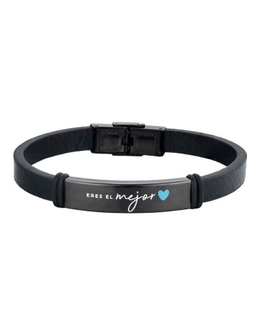 PULSERA HOMBRE PERSONALIZADA CUERO Y ACERO COLOR NEGRO