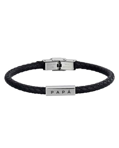 PULSERA HOMBRE ESPECIAL DIA DEL PADRE CUERO NEGRO Y ACERO PERSONALIZADA PAPÁ