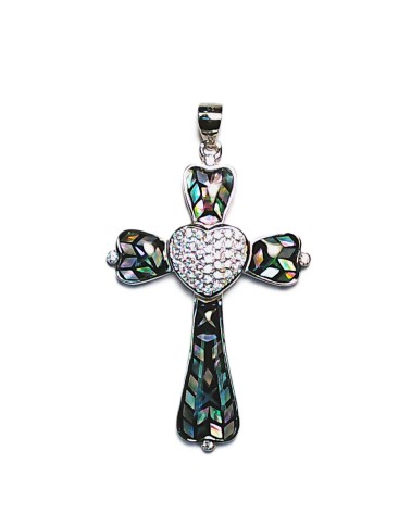 COLGANTE PLATA 1ª LEY CRUZ DE NÁCAR CON CORAZÓN DE CIRCONITAS