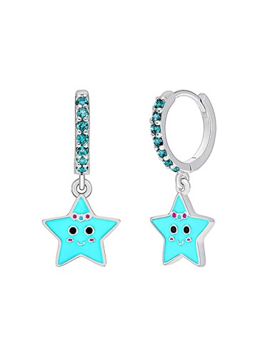 PENDIENTE COLECCIÓN INFANTIL PLATA 1ª LEY ARO CON CIRCONITAS Y ESTRELLA ESMALTE AZUL
