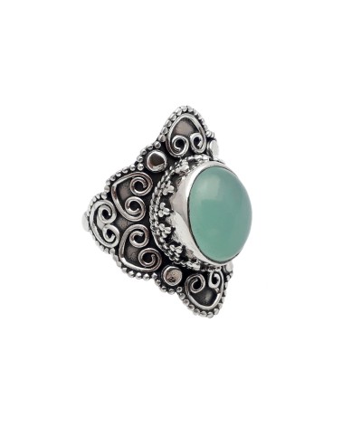 ANILLO PLATA 1ª LEY DISEÑO BOHO TALLADO PIEDRA OVAL CALCEDONIA VERDE