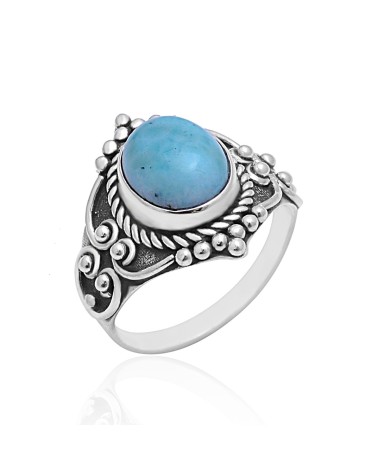 ANILLO PLATA 1ª LEY DISEÑO BOHO TALLADO CON FILIGRANA PIEDRA OVAL LARIMAR
