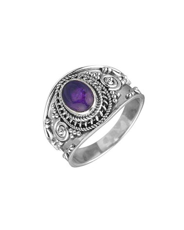 ANILLO PLATA 1ª LEY COLECCIÓN BOHO TALLADO FILIGRANA Y PIEDRA OVAL AMATISTA