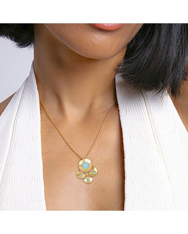 COLLAR ACERO DORADO CADENA Y COLGANTE CON PIEDRAS COLOR AZUL TURQUESA