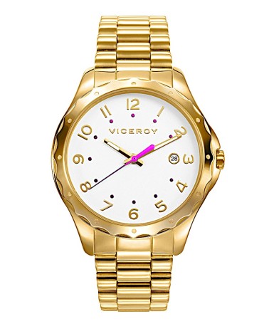 RELOJ DE MUJER ACERO DORADO ESFERA COLOR BLANCO DETALLES COLOR ROSA