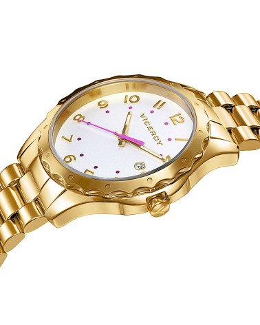 RELOJ DE MUJER ACERO DORADO ESFERA COLOR BLANCO DETALLES COLOR ROSA