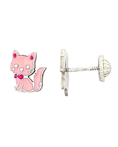 PENDIENTE PLATA 1ª LEY INFANTIL MODELO GATO ESMALTE ROSA