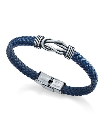 PULSERA HOMBRE CUERO AZUL TRENZADO NUDO CENTRAL ACERO